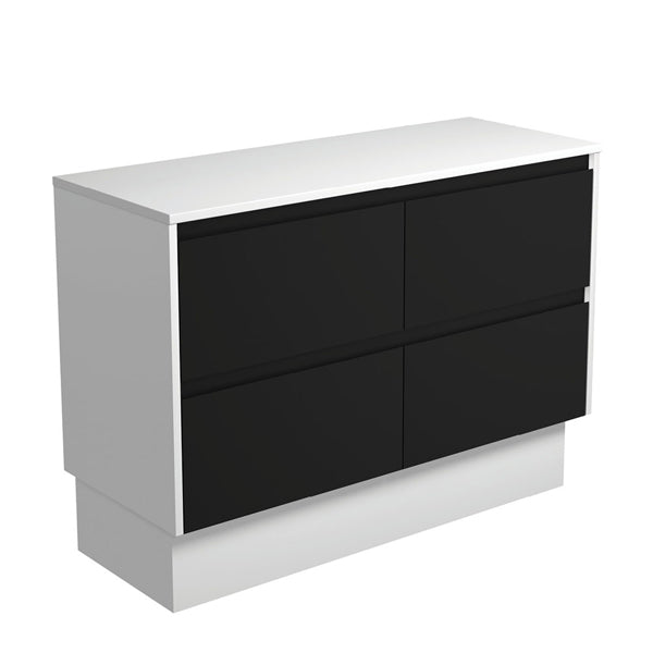 Amato Satin Black 1200 Cabinet on Kickboard, Satin White Panels