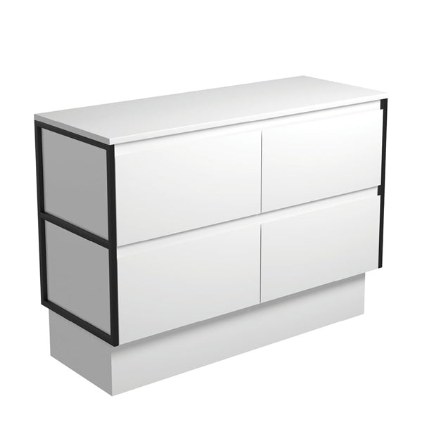 Amato Satin White 1200 Cabinet on Kickboard, Matte Black Frames