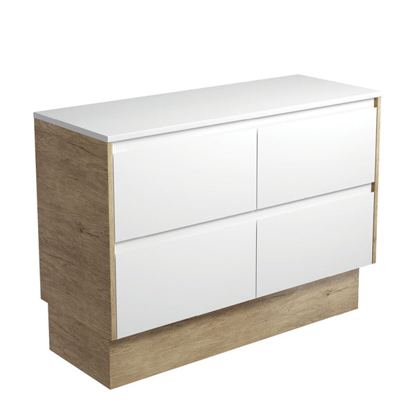 Amato Satin White 1200 Cabinet on Kickboard, Scandi Oak Panels