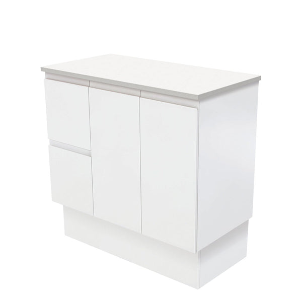 Fingerpull Satin White 900 Cabinet on Kickboard, Left Hand Drawers