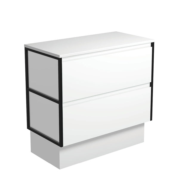 Amato Satin White 900 Cabinet on Kickboard, Matte Black Frames