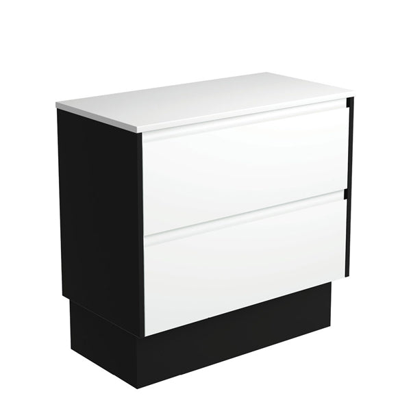 Amato Satin White 900 Cabinet on Kickboard, Satin Black Panels