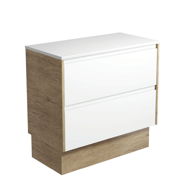 Amato Satin White 900 Cabinet on Kickboard, Scandi Oak Panels